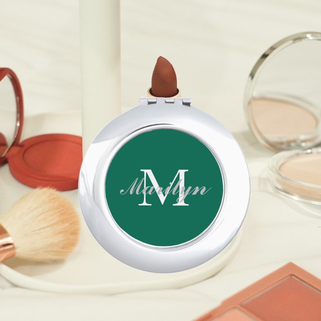 Emerald Green Stylized Wedding Bridesmaid Monogram Compact Mirror (In Situ Makeup)