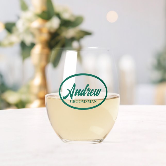 Emerald Green Stylized Wedding Groomsman Stemless Wine Glass (Insitu (Wedding))