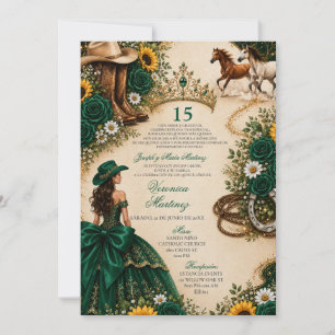 Emerald Green Sunflower Rose Vaquera Quinceañera  Invitation