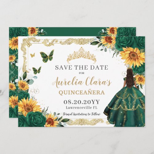 Emerald Green Sunflowers Floral Gold Quinceaera Save The Date