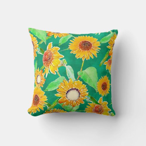  Emerald Green Sunflowers Throw Pillow