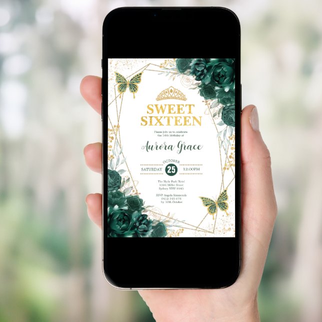 Emerald Green Sweet 16 Butterflies Geometric Party Invitation (Front Digital)