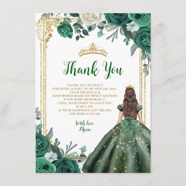 Emerald Green Sweet 16th Crown Thank you Card (Front)