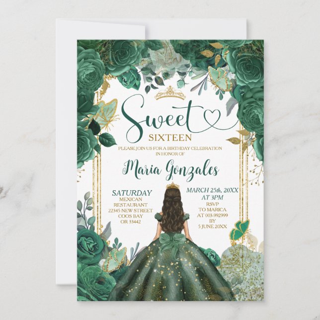 Emerald Green Sweet Sixteen Gold Crown Birthday Invitation (Front)
