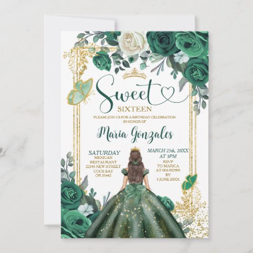 Emerald Green Sweet Sixteen Gold Crown Birthday Invitation