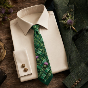 Emerald Green Tartan Plaid Irish Thistle Neck Tie
