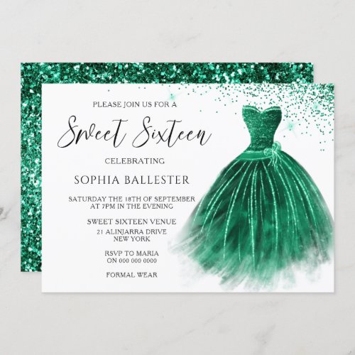Emerald Green Teal Glitter Gown Sweet 16 Party Invitation
