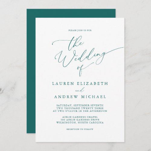 Emerald Green Teal Minimalist Wedding Invitation