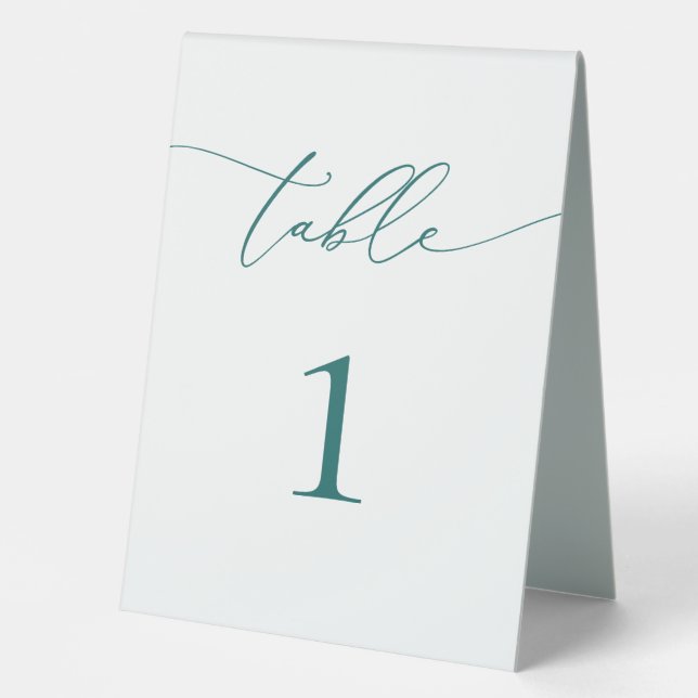 Emerald Green Teal Minimalist Wedding Table Number Tent (Front)