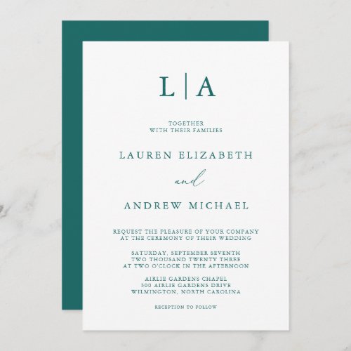 Emerald Green Teal Monogram Minimalist Wedding Inv Invitation