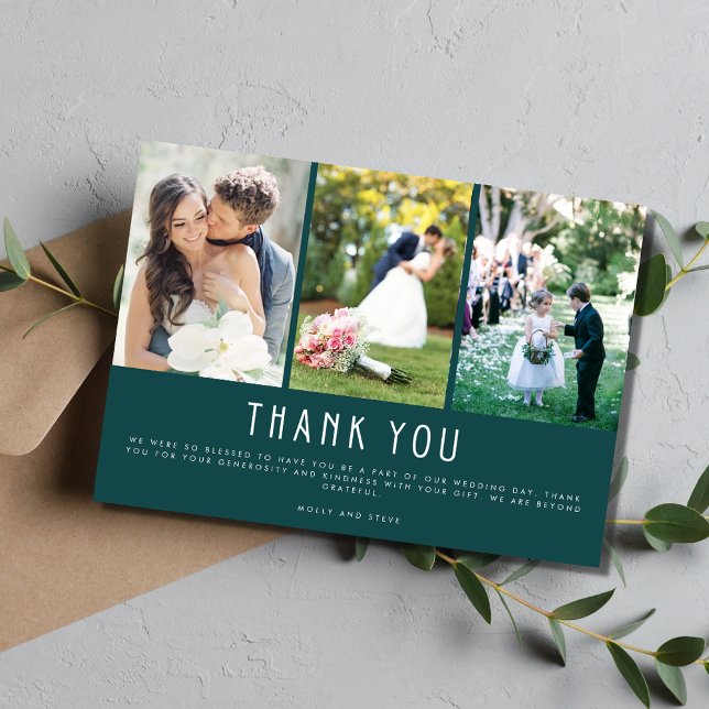 Emerald Green Three Photo Wedding Thank You Card (Creator Uploaded)