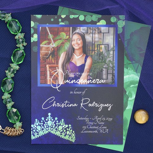 Emerald Green Tiara Sapphire Blue Quinceanera Invitation