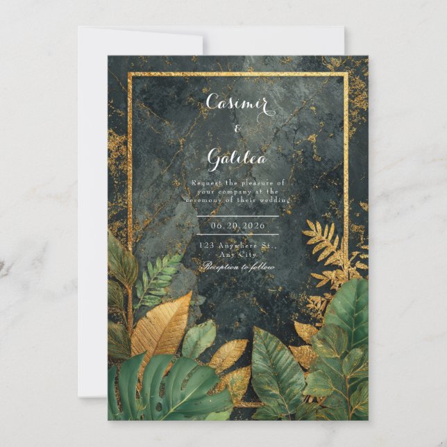 Emerald Green Tropical Black Marble Modern Wedding Invitation (Front)