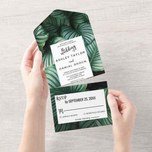 Emerald green tropical chic floral Wedding All In  All In One Invitation