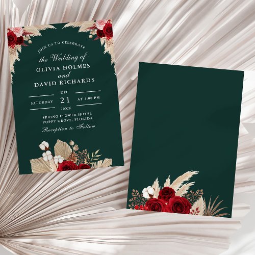 Emerald Green Tropical Roses Wedding Invitation