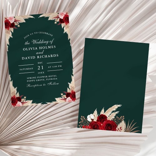 Emerald Green Tropical Roses Wedding Invitation