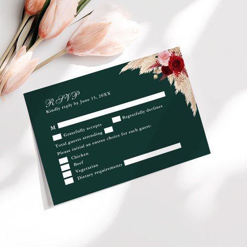 Emerald Green Tropical Roses Wedding RSVP Card