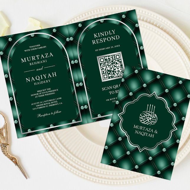 Emerald Green Tufted QR Code Muslim Wedding Invitation (Creator Uploaded)