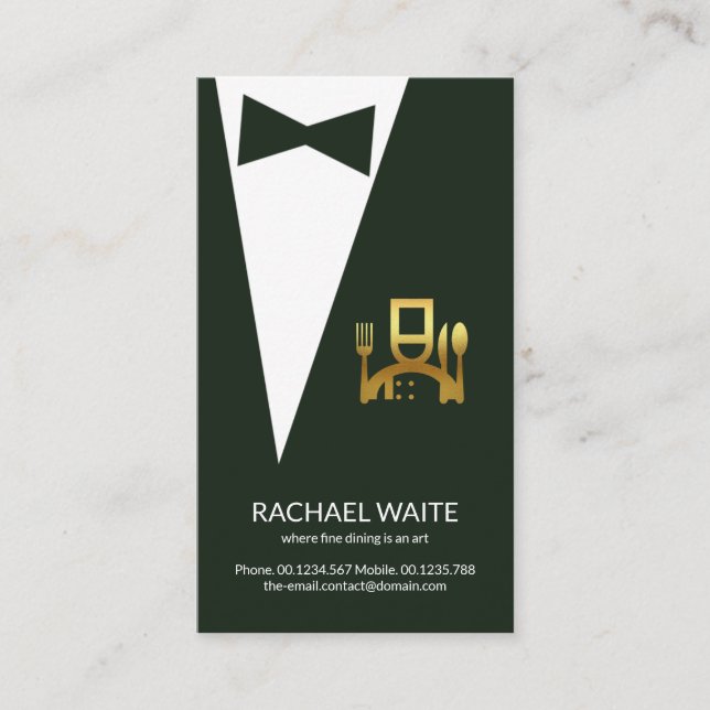 Emerald Green Tuxedo Gold Chef Icon Restaurant Business Card (Front)