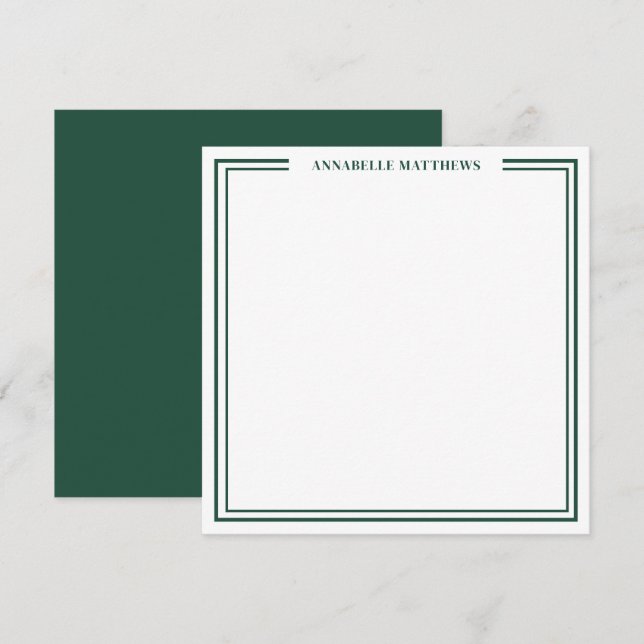 Emerald Green Two Border Name Monogram Square Note Card (Front/Back)