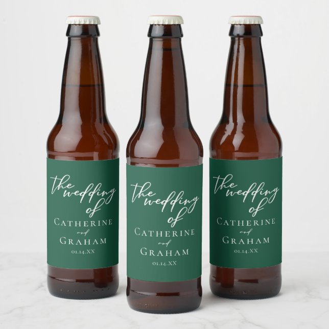 Emerald Green Typography Custom Forest Wedding Beer Bottle Label (Bottles)