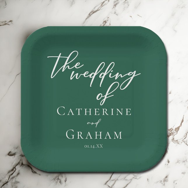 Emerald Green Typography Custom Forest Wedding Paper Plates (Creator Uploaded)