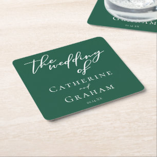 Emerald Green Typography Custom Forest Wedding Square Paper Coaster