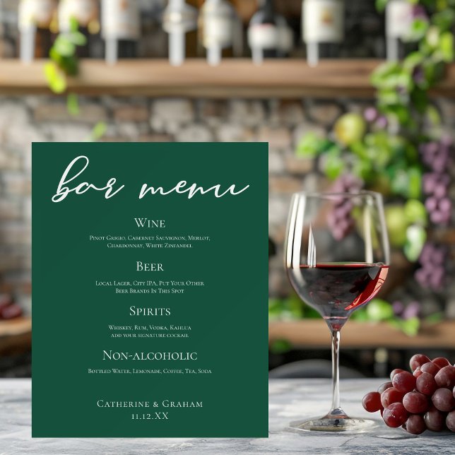 Emerald Green Typography Forest Wedding Bar Menu Foam Board (Creator Uploaded)