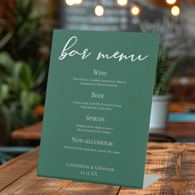 Emerald Green Typography Forest Wedding Bar Menu Pedestal Sign (Creator Uploaded)