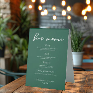 Emerald Green Typography Forest Wedding Bar Menu Table Tent