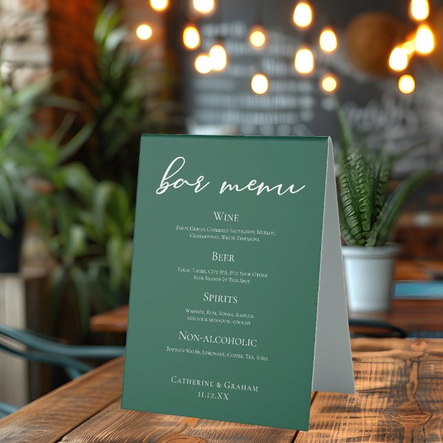 Emerald Green Typography Forest Wedding Bar Menu Table Tent (Creator Uploaded)