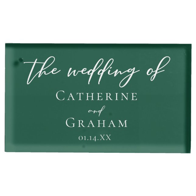 Emerald Green Typography Personalized Wedding Place Card Holder (Front)