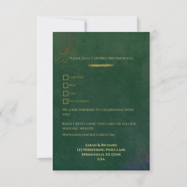Emerald Green Velvet Luxe Gold Accent Wedding RSVP (Back)