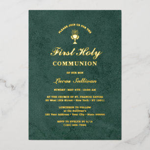 Emerald Green Velvet Marble First Communion Foil Invitation
