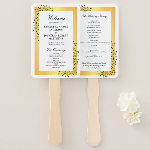 Emerald Green Vines Gold Elegant Wedding Program Hand Fan