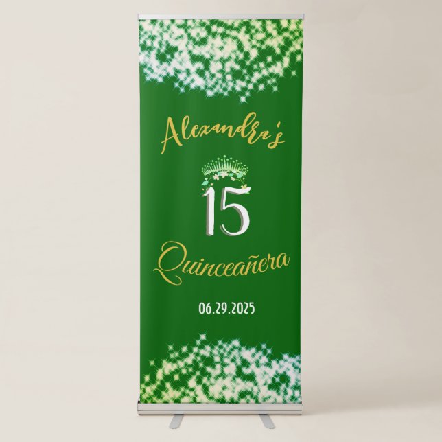 Emerald Green Vintage Boho Quinceañera Spanish Retractable Banner (Front)