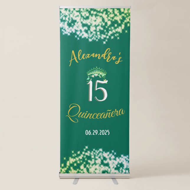 Emerald Green Vintage Boho Quinceañera Spanish Retractable Banner (Front)