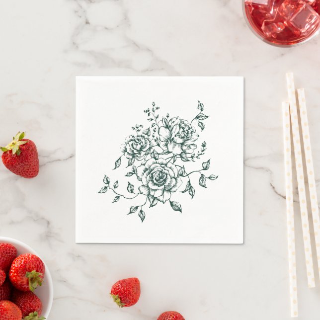 Emerald Green Vintage Botanical Floral Wedding Napkins (Insitu)