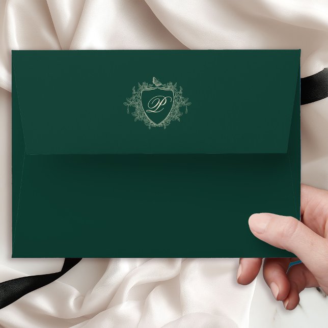 Emerald green vintage crest monogram wedding envelope (Creator Uploaded)