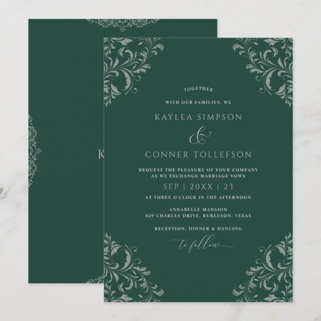 Emerald Green Vintage Elegant Wedding Invitation (Front/Back)