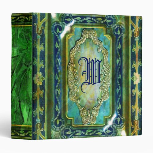 Emerald green vintage floral border monogram 3 ring binder