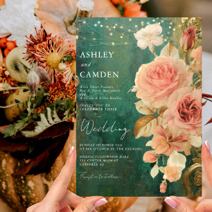 Emerald Green Vintage Floral Wedding Invitation