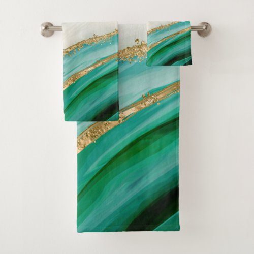 Emerald green watercolor and gold bath towel set