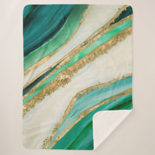 Emerald green watercolor and gold sherpa blanket