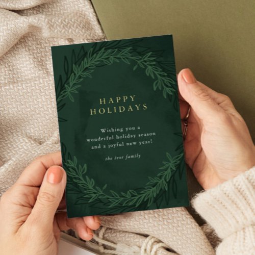 Emerald Green Watercolor Botanical Photo Gold Foil Holiday Card