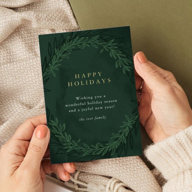 Emerald Green Watercolor Botanical Photo Gold Foil Holiday Card (Emerald green and gold foil photo holiday card.)