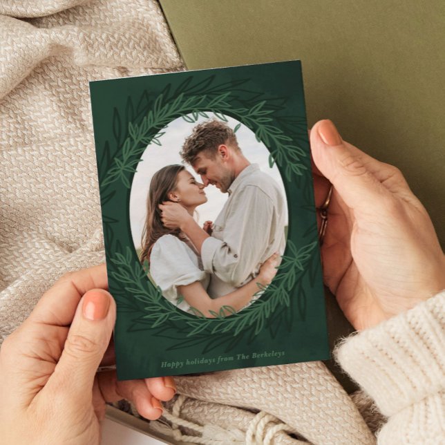Emerald Green Watercolor Botanical Photo Holiday Card (Emerald green botanical photo frame holiday card.)