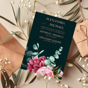 Emerald Green Watercolor Burgundy Flowers Wedding Foil Invitation
