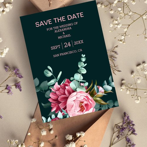 Emerald Green Watercolor Burgundy Flowers Wedding Save The Date