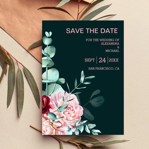 Emerald Green Watercolor Burgundy Flowers Wedding  Save The Date